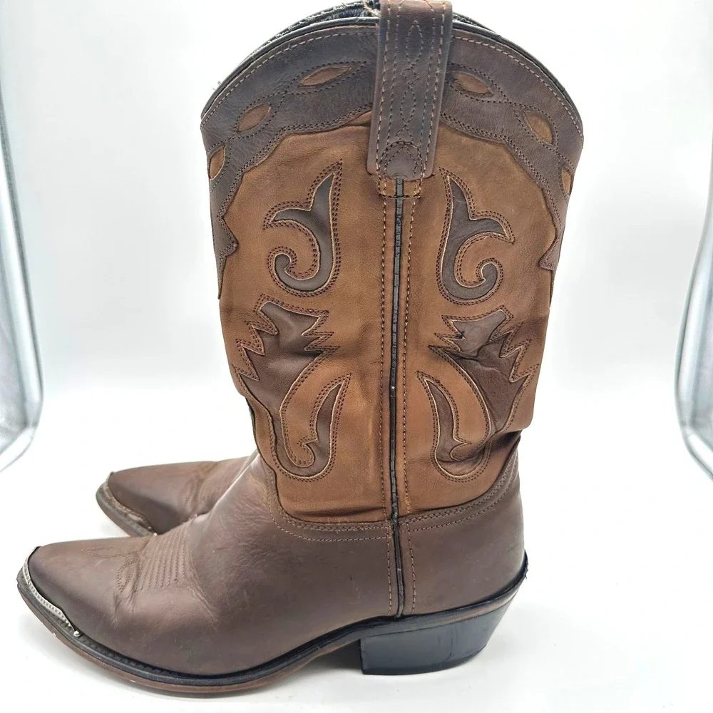 Sage by ABILENE Mens Brown Leather Cowboy Boots Pointed Silver Metal Toe Guard 9